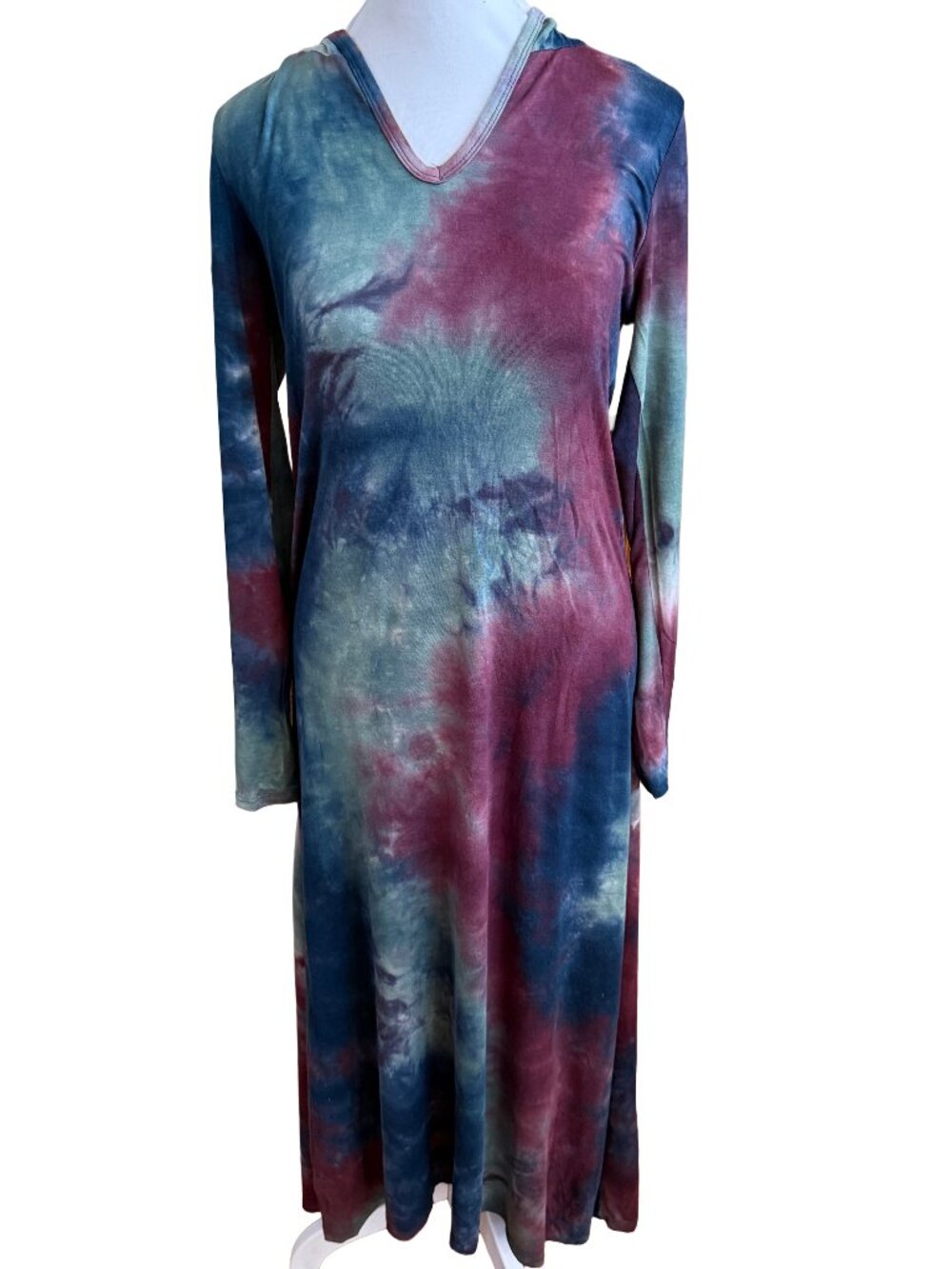 Earthbound Trading Co Small Vtg Hooded Tie-Dye Maxi Boho Dress